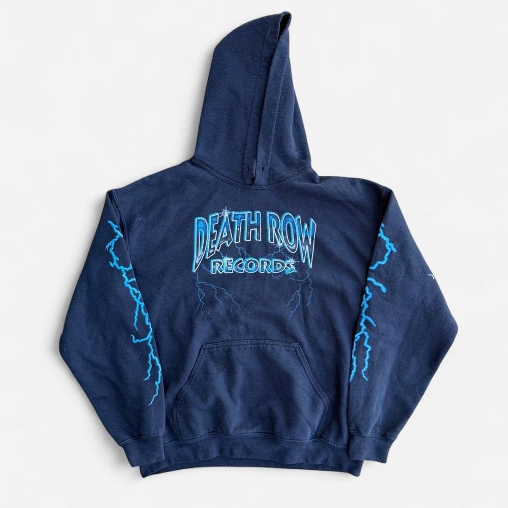 Death Row Records Hoodie Blue Lightning Sleeve Print Navy Blue Mens Medium